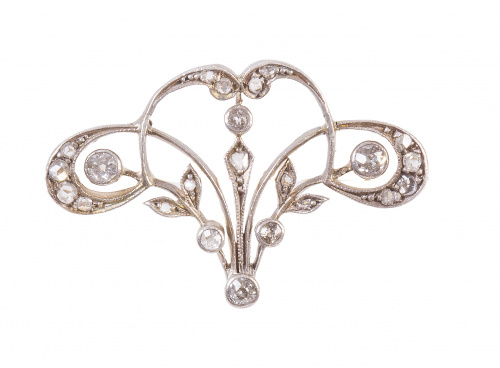 Broche Art Nouveau con brillantes y diamantes en diseño de 