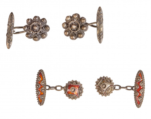 Lote de dos parejas de gemelos charros de filigrana en plat