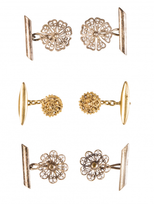 Lote de tres parejas de gemelos charros de filigrana de pp.