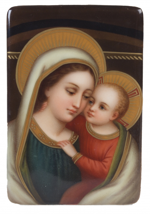 "Virgen con el niño", placa de porcelana esmaltada, ffs. de