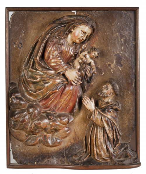 Virgen con el Niño y San Francisco.Relieve en madera tall