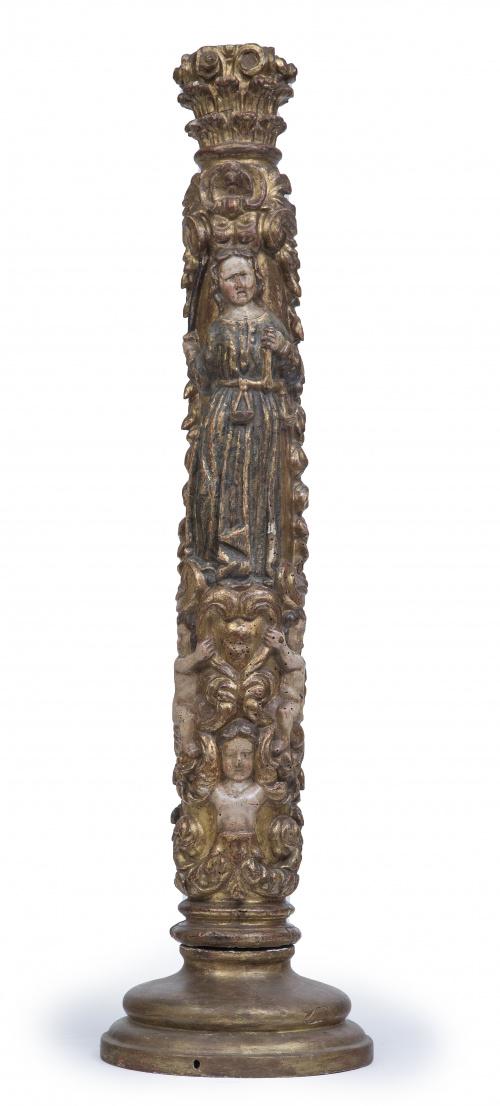 Columna de orden corintio en madera tallada, dorada y polic