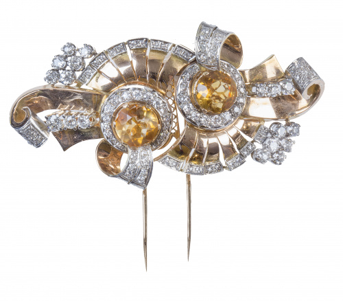 Gran broche doble clip chevalière años 40 con dos centros d