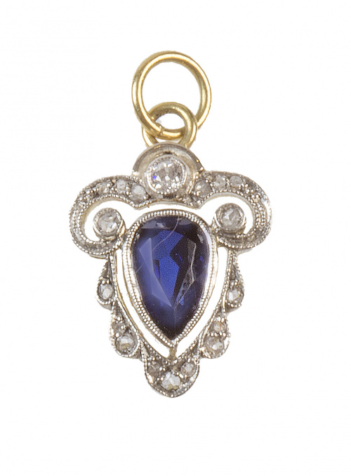 Colgante Art-Decó en forma gota con zafiro sintético centra