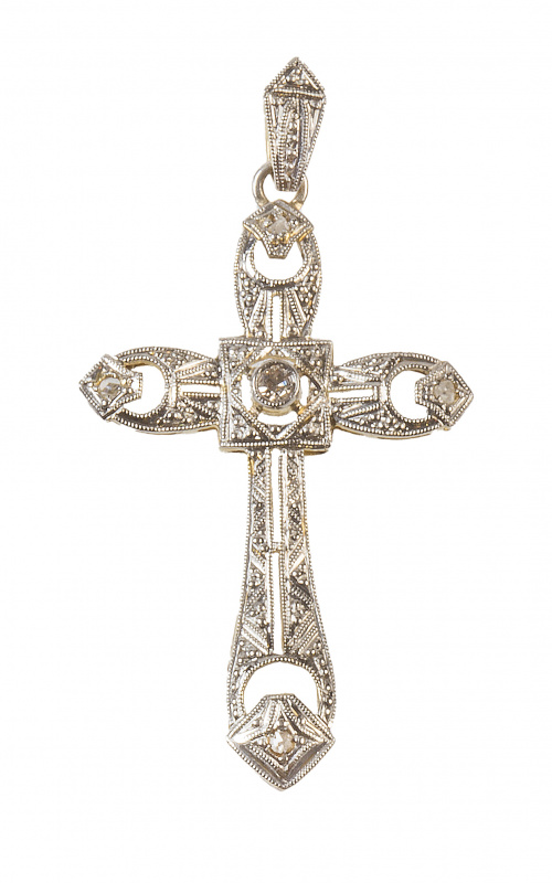 Cruz colgante Art-Decó calada, con diamantes y con un brill