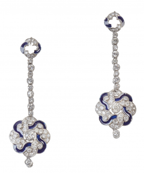 Pendientes largos Art-Decó de brillantes y esmalte azul, co