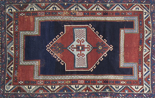 Antigua alfombra Kazak Fachrajo de campo azul y cartucho ce