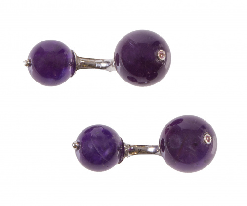 Gemelos dobles con esferas de amatista, con un zafiro rosa 