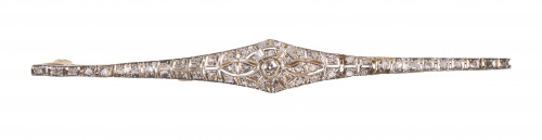 Broche barra Art-Decó con brillante en chatón central y dia