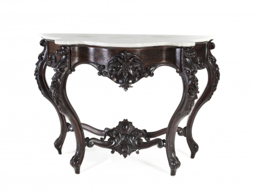 Consola Isabelina en madera de nogal y tapa de mármol blanc