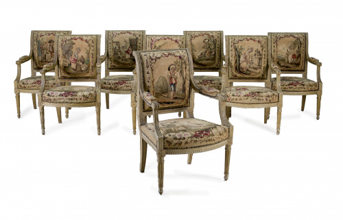 Conjunto de ocho butacas Luis XVI en madera de haya pintada
