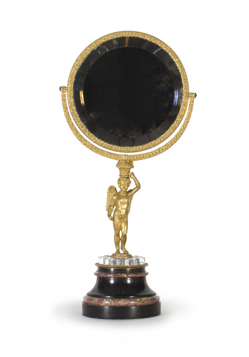Espejo de tocador Carlos X de bronce dorado, cristal tallad