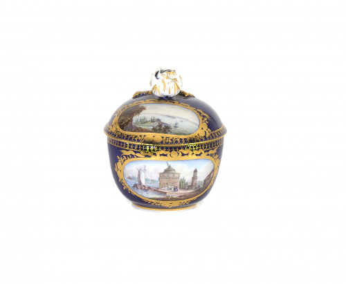  “Pot à crème” de porcelana esmaltada en azul y dorada.Mei