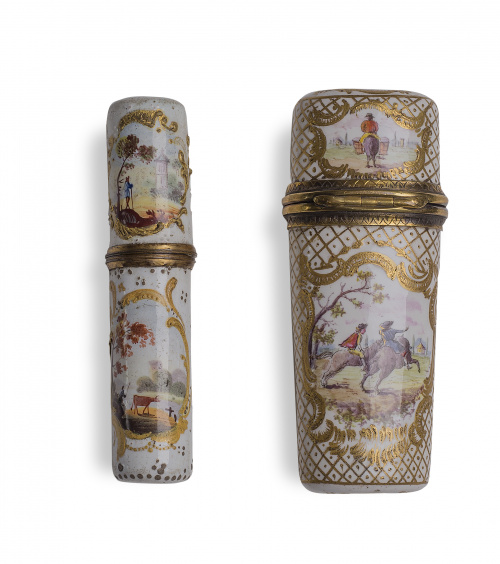 Alfiletero esmaltado con cartelas de paisajes imaginarios.