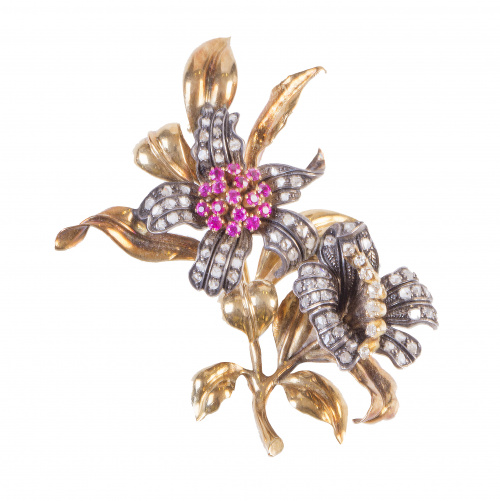 Broche pp. S. XX con dos flores de diamantes brillantes y r