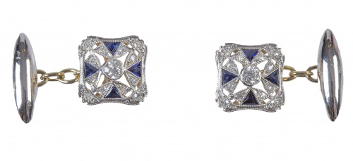 Gemelos cuadrangulares Art-Decó de diamantes y zafiros con 