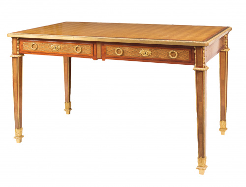 Bureau Plat estilo Luis XVI con marquetería geométrica y br