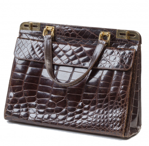 Gran bolso de mano vintage en piel de cocodrilo marrón de a