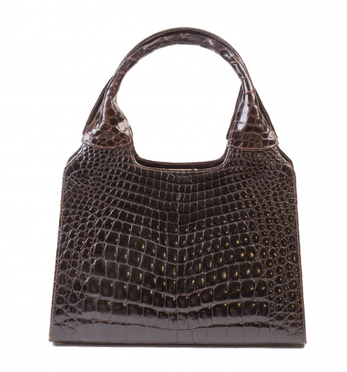 Bolso de mano vintage en piel de cocodrilo marrón oscuro co