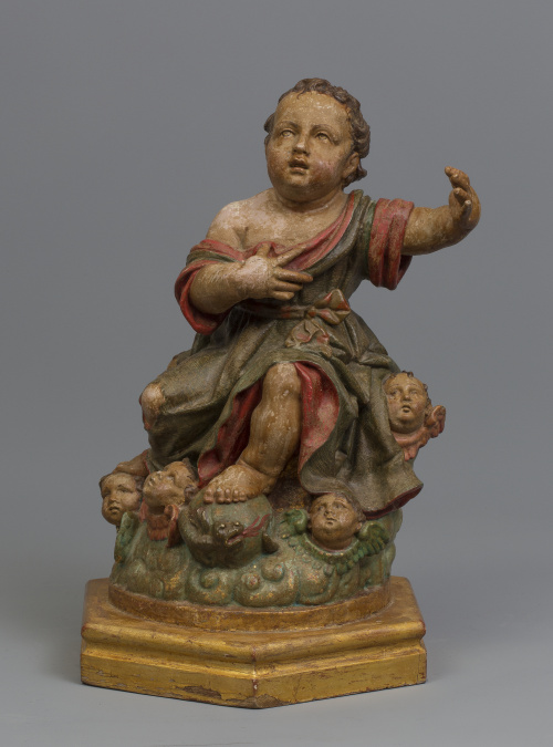 Niño Jesús en plomo policromado.Escuela andaluza, S. XVII.