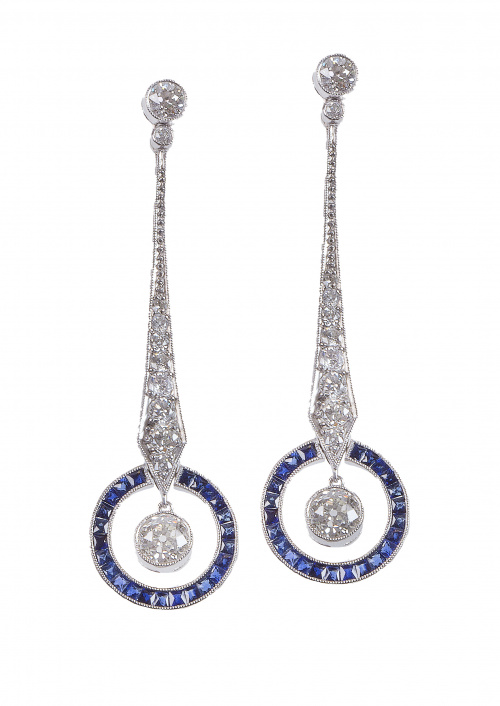 Pendientes largos estilo Art-Decó de brillantes con circulo