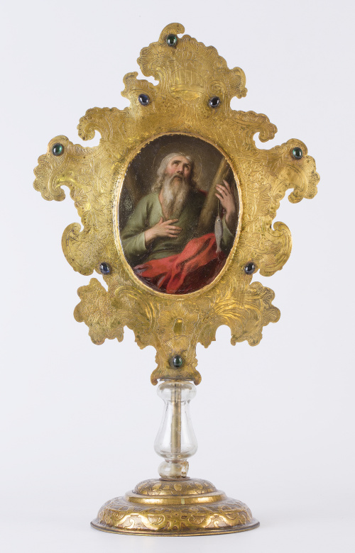Placa devocional con pie, con pintura de San Andrés, S. XVII