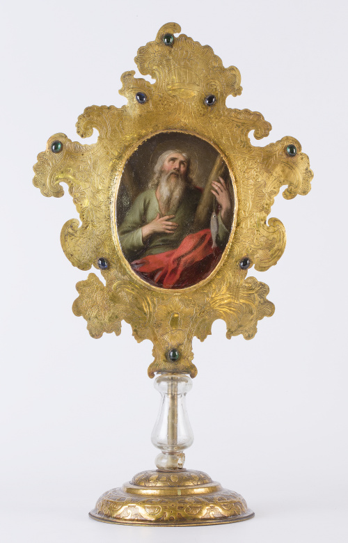 Placa devocional con pie, con pintura de San Andrés, S. XVII