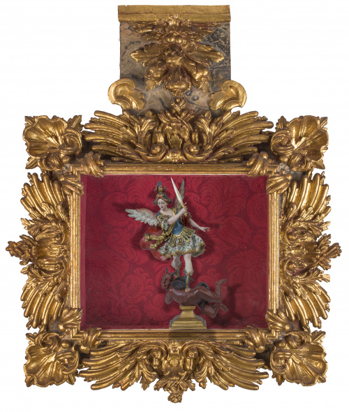 “San Miguel Arcángel aplastando al diablo”Madera tallada,