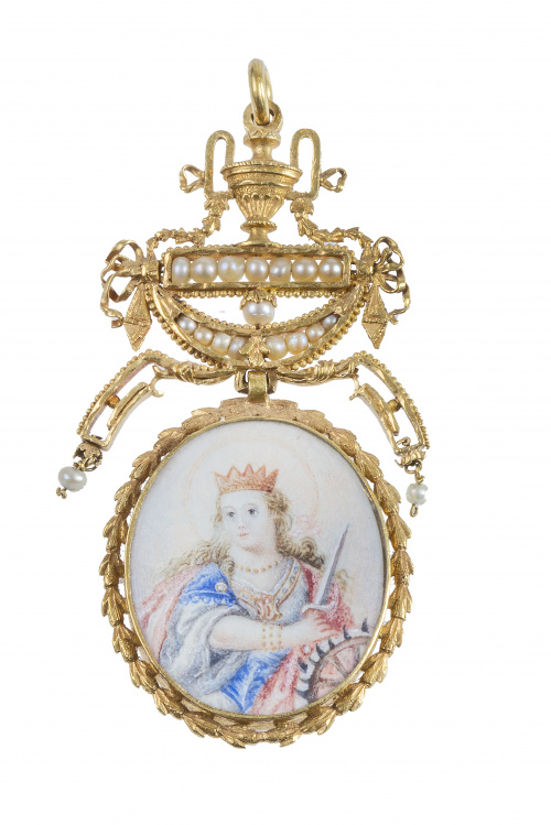 Colgante Imperio pp. S. XIX con miniaturas de Santa Catalin