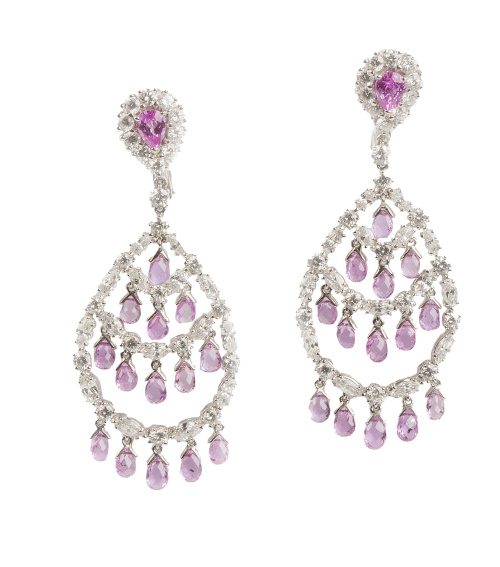Pendientes largos chandelière de zafiros rosas y brillantes 