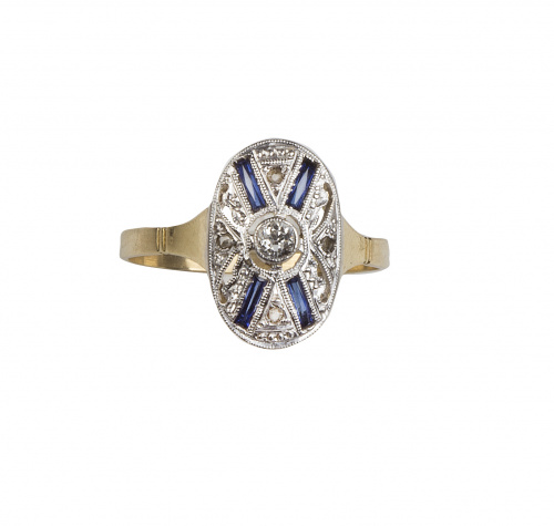 Sortija lanzadera Art-Deco oval con zafiros tallla baguete 