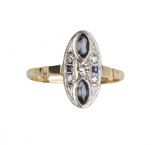 Sortija lanzadera oval Art-Decó con dos zafiros talla marqu