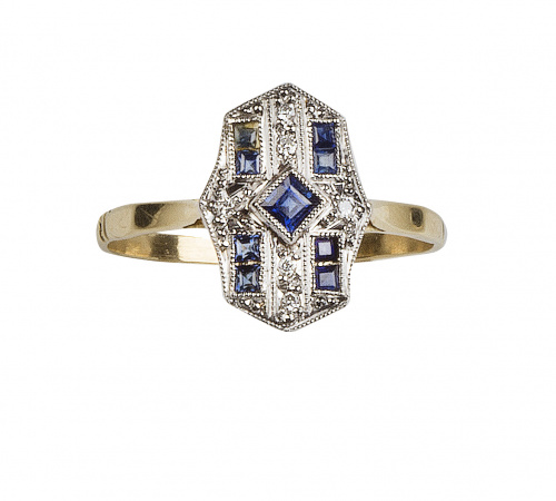 Sortija lanzadera Art-Deco de perfil octogonal con zafiros 