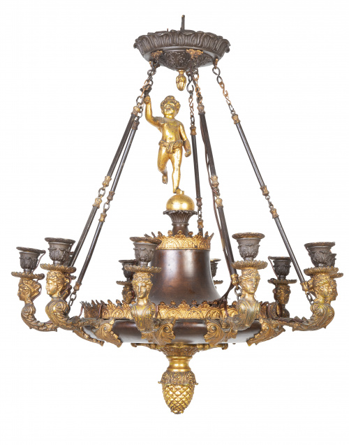 Lámpara de techo imperio de bronce dorado y pavonado de die
