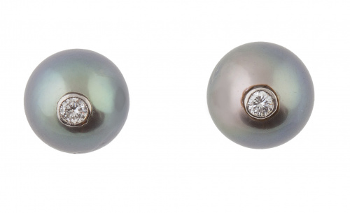 Pendientes de perlas grises de Tahití con brillante en chat