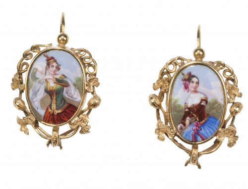 Conjunto de broche y pendientes S.XIX de esmalte suizo con 