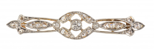Broche barra Art-Decó de diamantes con brillante en chatón 