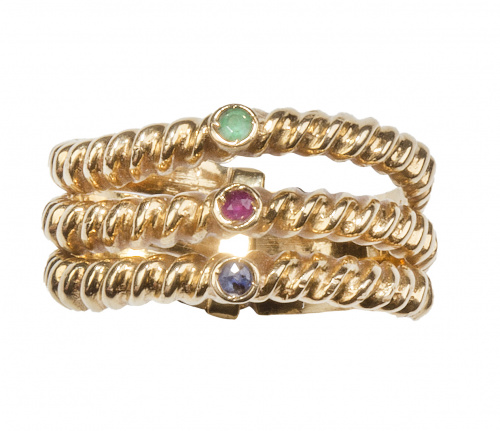 Sortija con tres alianzas gallonadas unidas, con centro esm