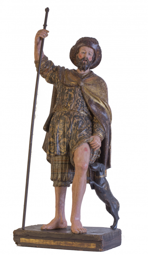 San Roque en madera tallada, dorada y policromada.Trabajo