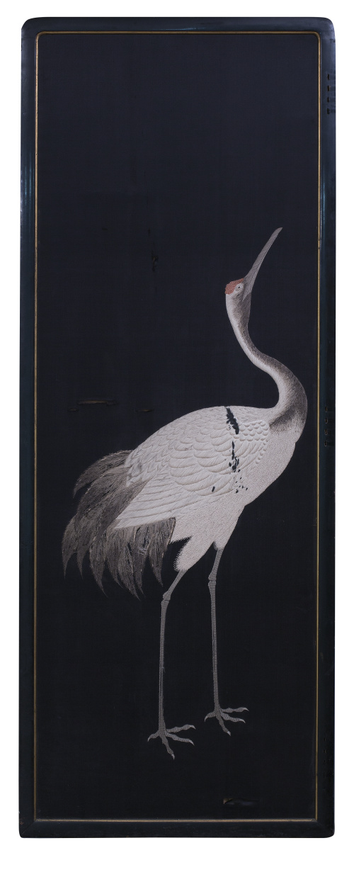 Puerta de biombo con seda representando una garza y reborde