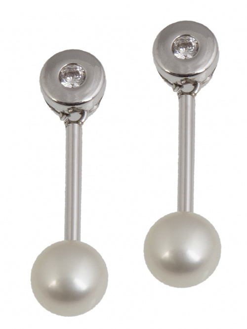 Pendientes largos con perla que pende de barra fija y cható