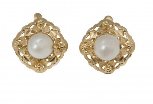 Pendientes con perla central sobre marco cuadrangular calado