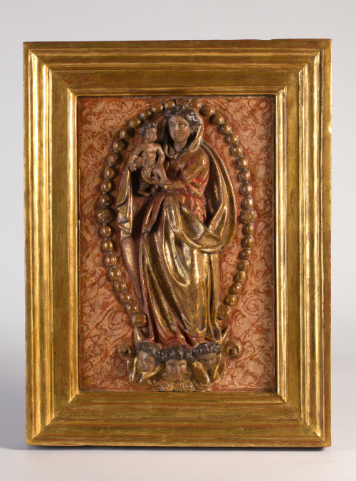 “Virgen del Rosario”Relieve en madera talla, policromado y