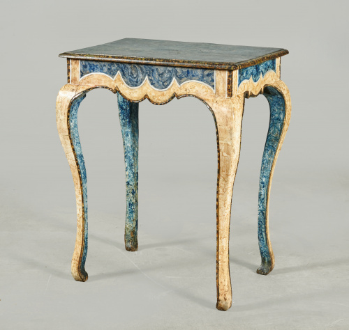 Consola de madera tallada y policromada, simulando marmoliz