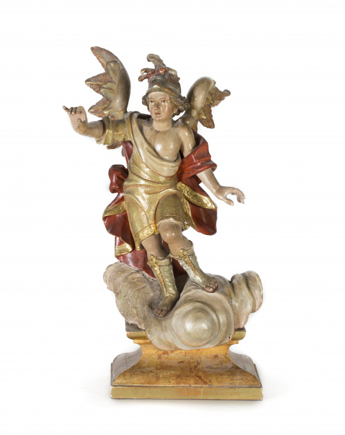 “San Miguel arcángel”. Escultura en madera tallada, policr