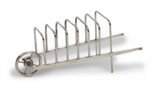 "Toaster rack" en metal plateado, con forma de carretilla, 