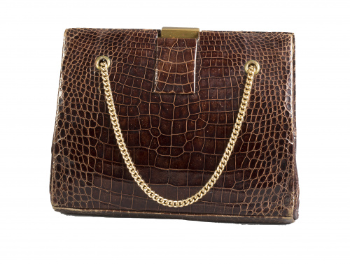 Bolso de cocodrilo con doble asa de cadena en metal dorado 