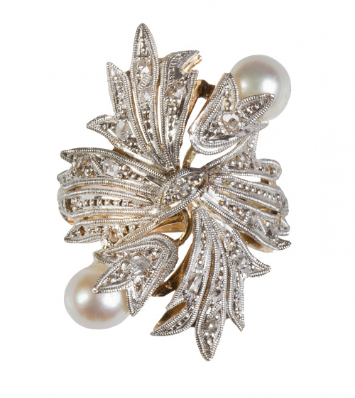 Conjunto de pendientes y sortija lanzadera con perlas y aba