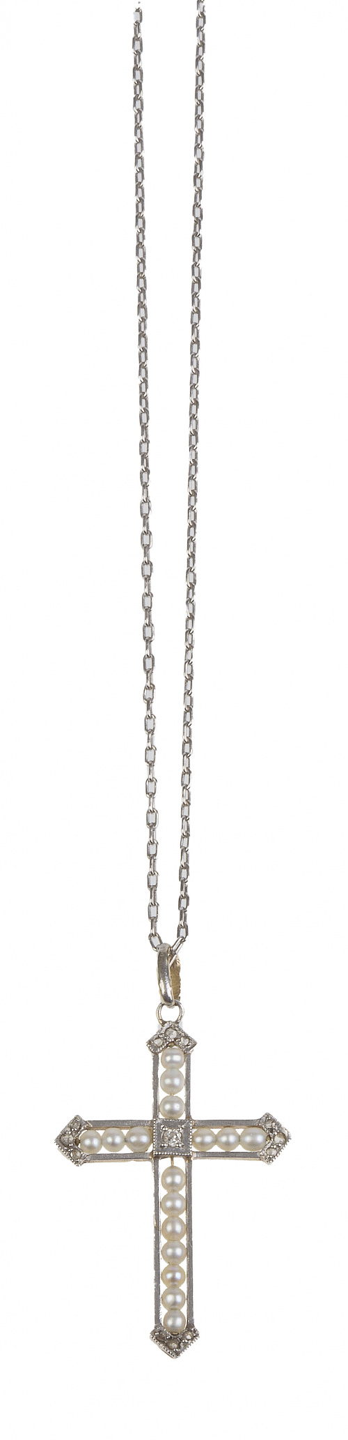 Cruz colgante de perlitas finas de pp. S. XX con brillante 