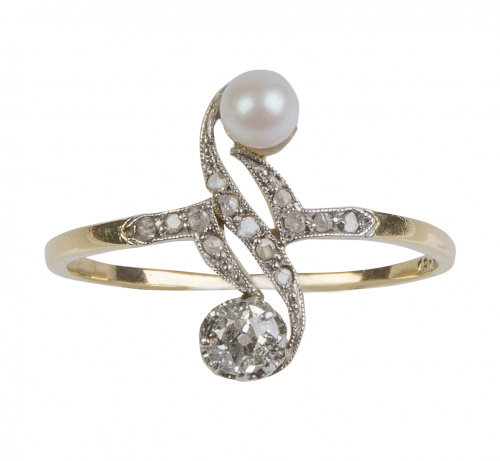 Sortija lanzadera tu y yo de pp. S. XX, con brillante de ta